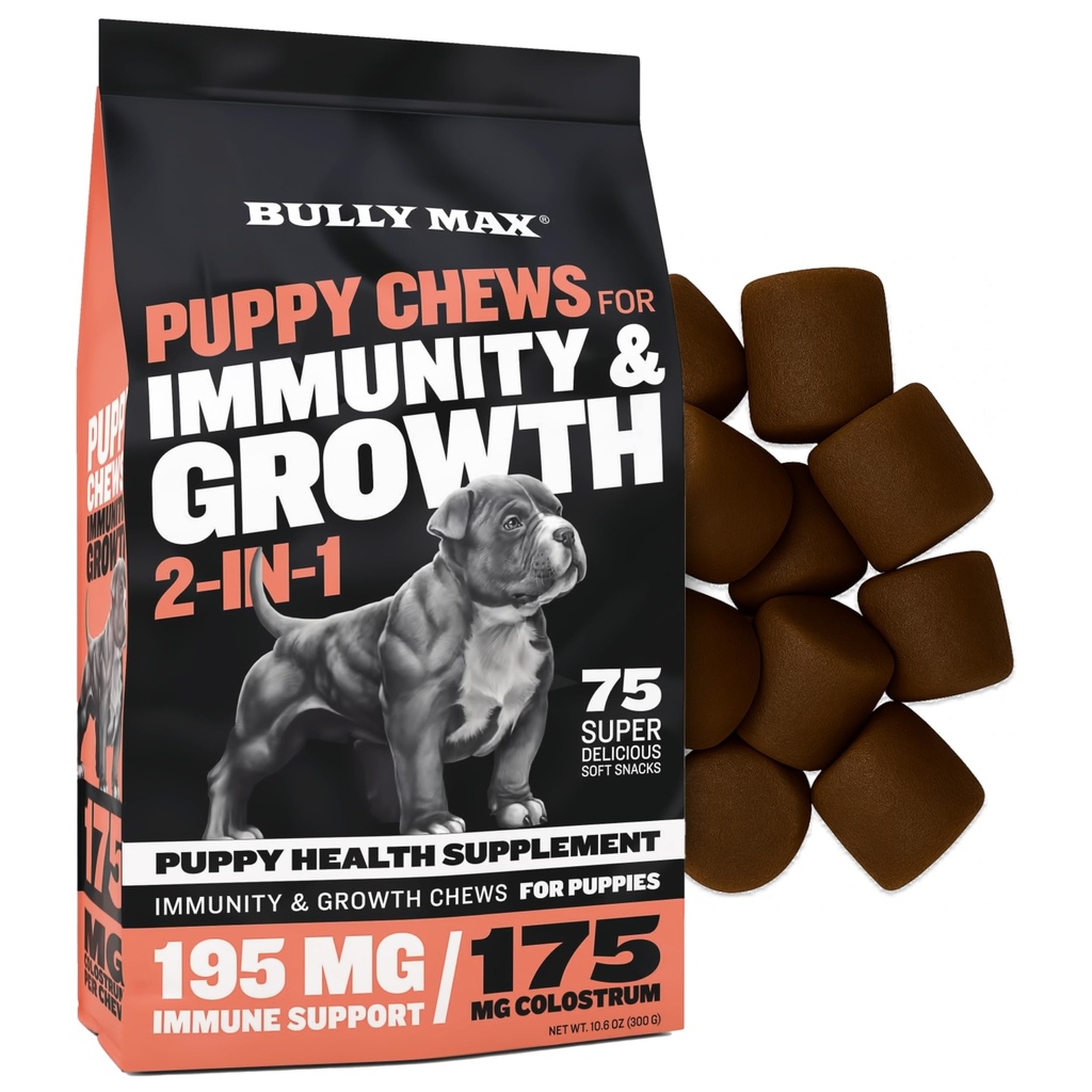 Bully Max 2-in-1 Puppy Vitamins, 75 Soft Chews for Immunity & Growth - Dog Multivitamin Supplement with Probiotics & Colostrum for Gut Health, Immune Support - Food Topper, All Breeds, Made in USA