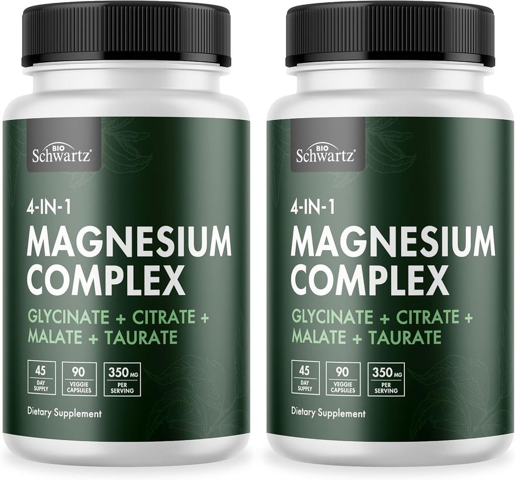 BioSchwartz Magnesium Complex supplement (2 Pack) 350mg Magnesium Glycinate Citrate Malate and Taurate Per Serving for Healthy Nerves Muscles Heart sleep Support (Vegan, Gluten-Free, Non-GMO)