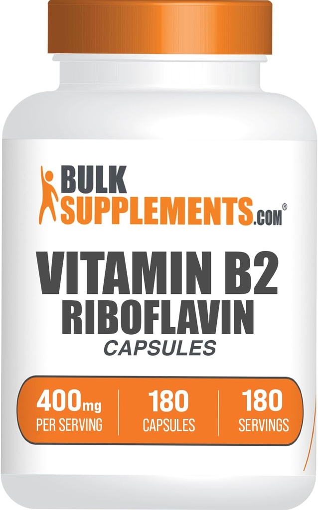 BulkSuplements.com Cápsulas de Riboflavina - Vitamina B2 400 mg, Riboflavina 400mg - Vitamina B Essencial, Glúten Grátis, 1 Cápsula por Serviço, 180 Cápsulas (Pacote de 1)
