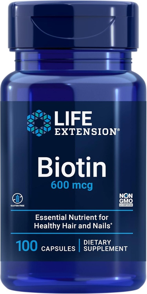 Lebensverlängerung Biotin 600 mcg Vitamin B7 Unterstützungsergänzung für schöne Haare, Nägel &amp; darüber hinaus – Glutenfrei, Non-GMO - 100 Kapseln