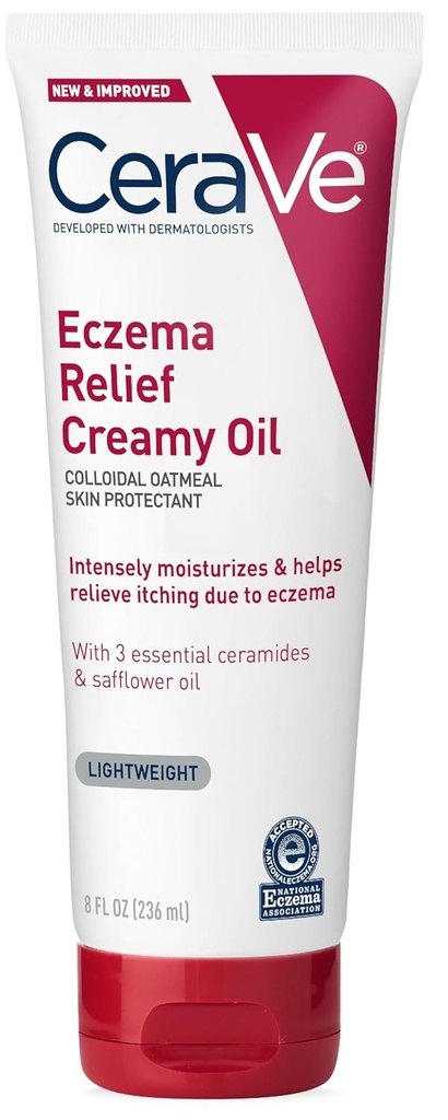 CeraVe Eczema Relief Creamy Body Oil, Eczema Calming Cream med kolloidal Oatmeal & Safflower Oil för torr hud & Itchy Skin Relief, Steroid Free & Paraben Free, 8 Ounce