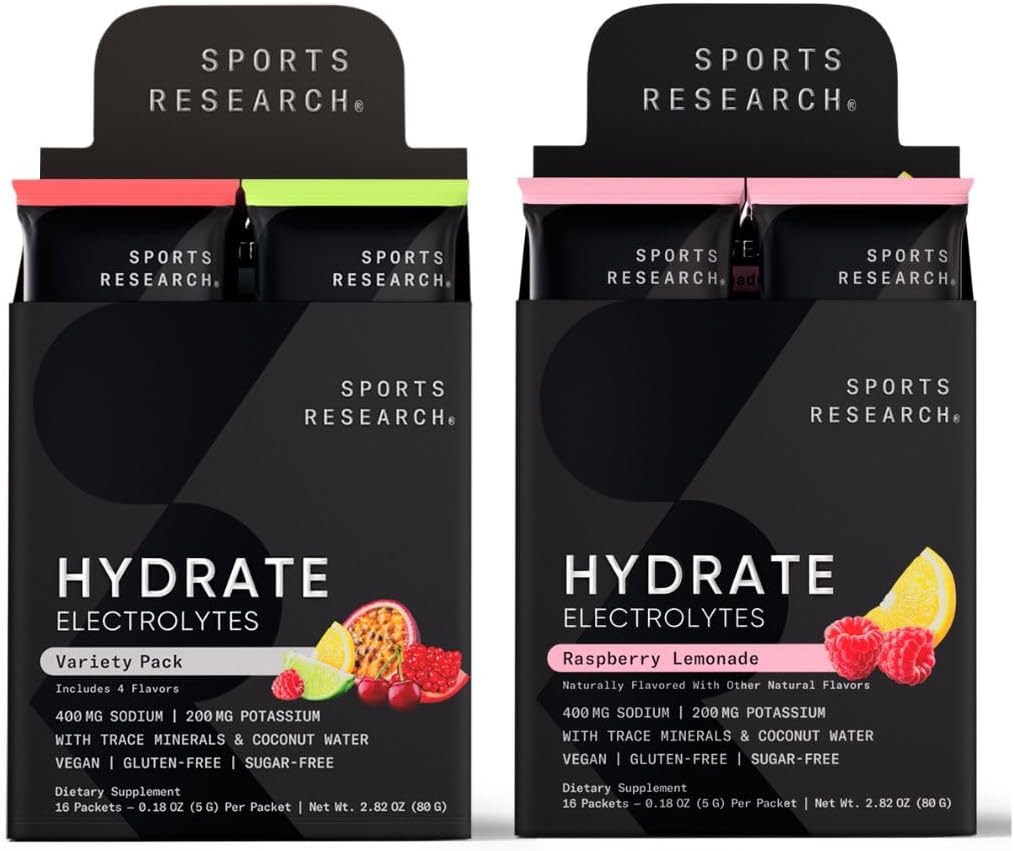 Sportforskning Hydrate Electrolytes Combo Pack - Sugar-Free & naturligt smaksatt med vitaminer, mineraler och kokosvatten - Stöder Hydration - 32 paket - Raspberry Lemonade Dominant smak