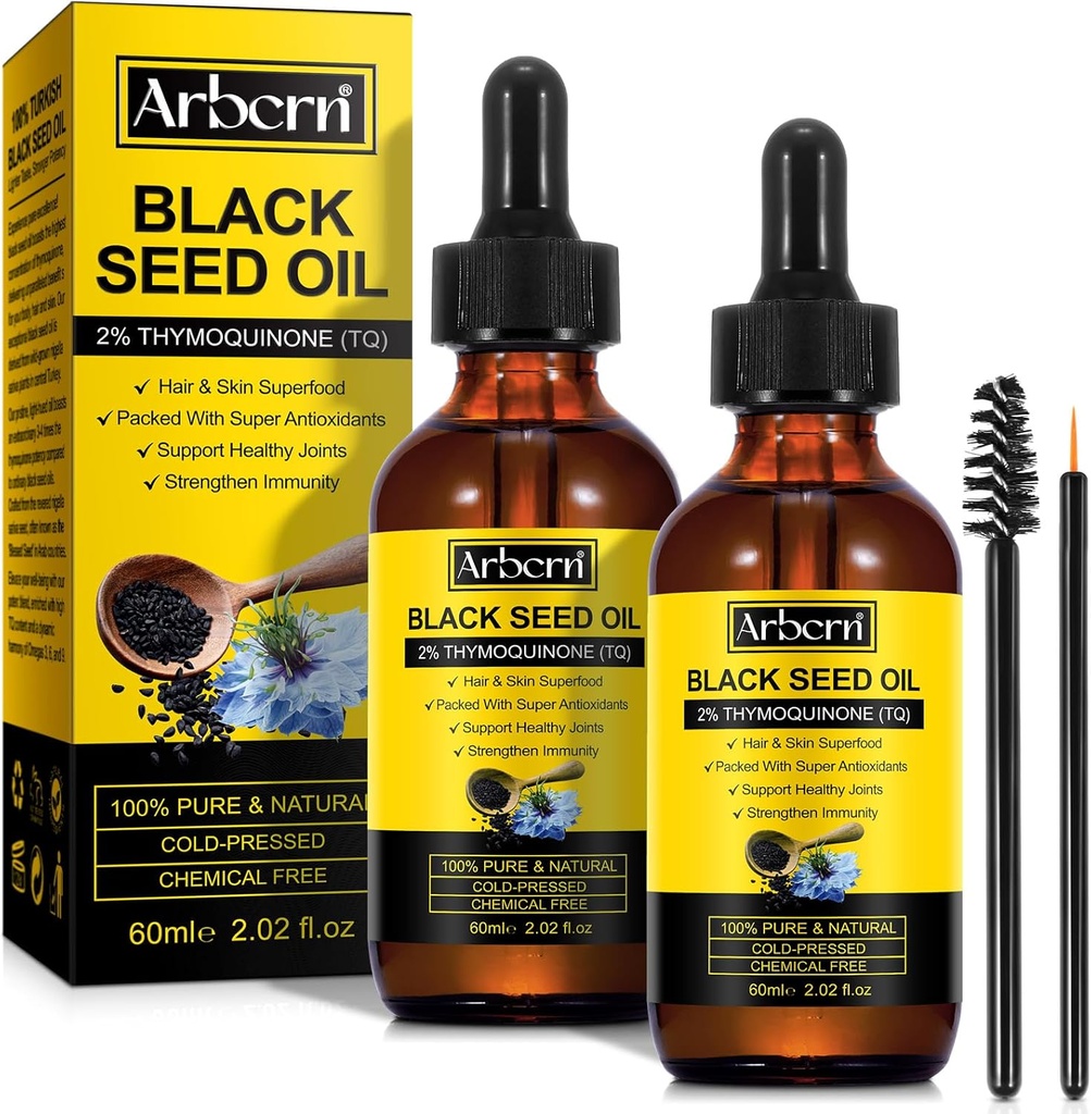 2 Pack Black Seed Oil Organic Cold Pressed, 100% čisté a přírodní tekuté černé Seed Oil Cold Pressed Glass Lahvička 60ML pro péči o pleť, nuriše a Hydrates vlasy