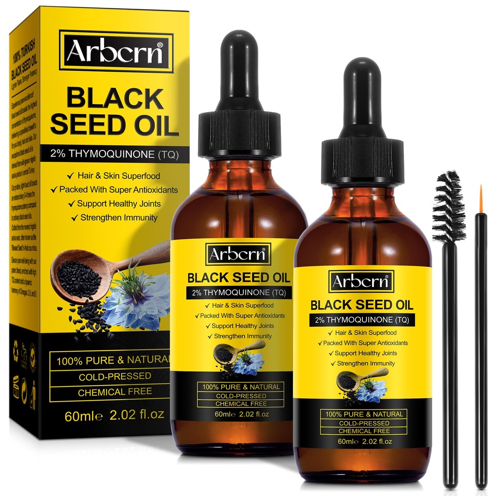 2 Pack Black Seed Oil Organic Cold Pressed,100% Pure & Natural Liquid Black Seed Oil Cold Pressed Glass Bottle 60ML for Skin Cares, Nourishes and Hydrates Hair