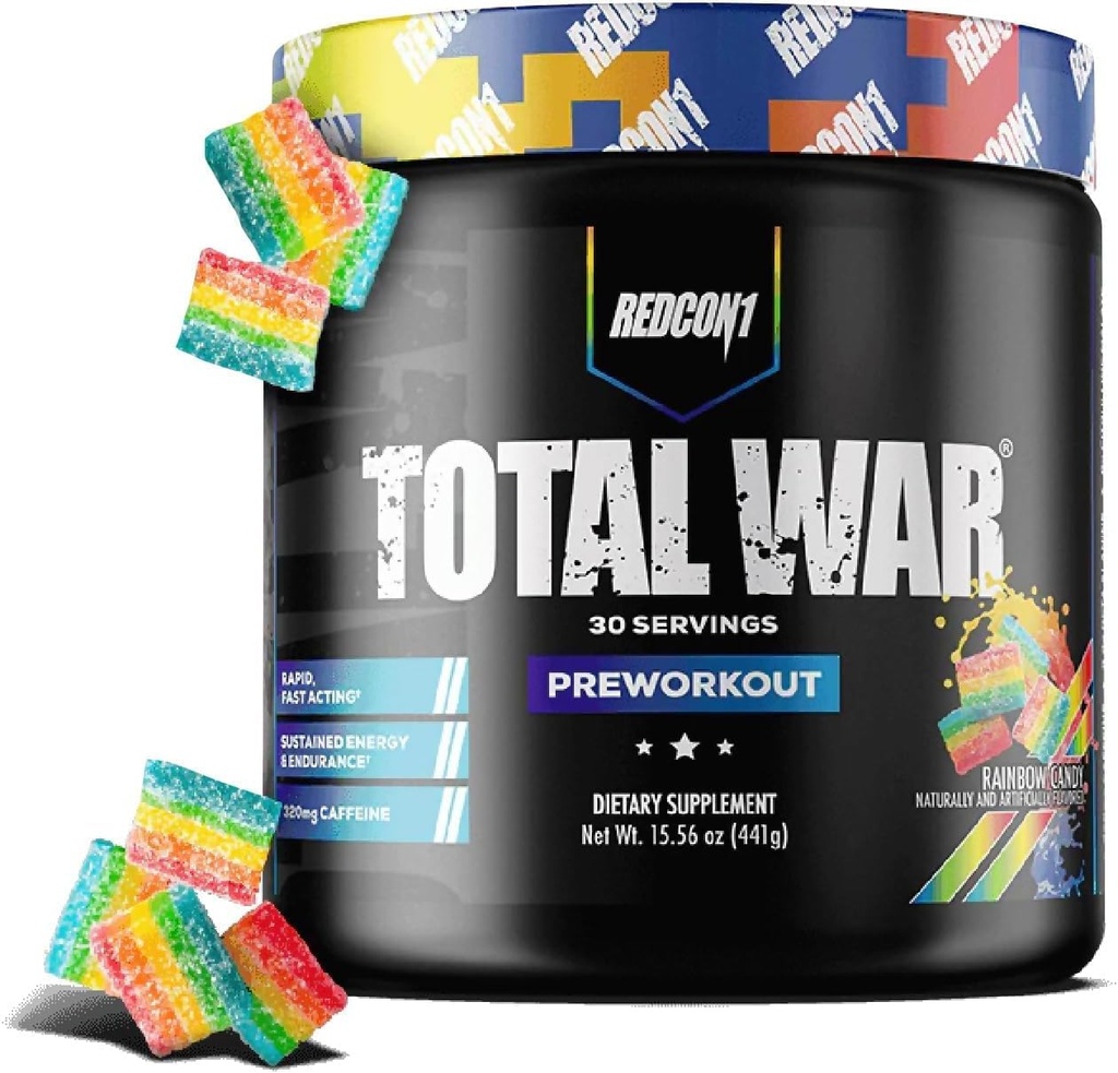 REDCON1 Total War Pre Workout, Rainbow Candy - Beta Alanine + Citrulline Malate Keto Friendly Pretoshing for Men & Women with 320mg of koffein - Gyors cselekvés (30 szerváció)