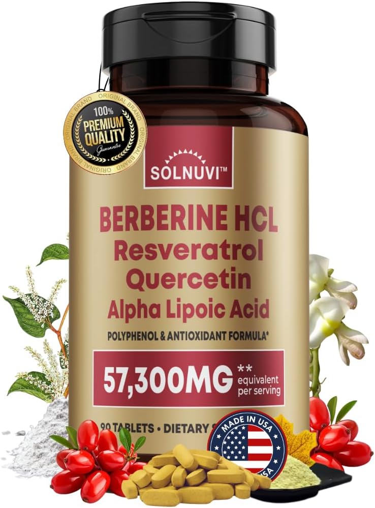 Premium Berberine Supplement med Resveratrol Quercetin Alpha Lipoic Acid - 50:1 Berberine HCl Complex Potent Antioksidanter, Polyfenoler, Vitality Boost - 90 Vegantabletter, ikke-GMO, Glutenfri