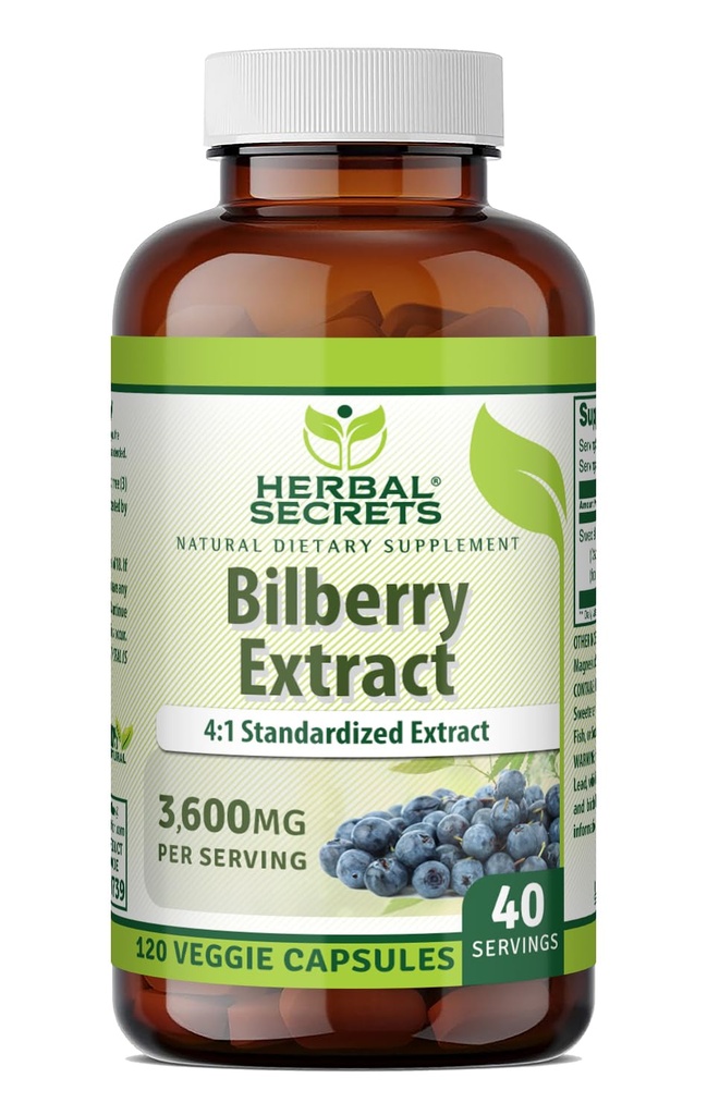 Herbal Secrets Bilberry 300 Mg | Standardized 4:1 Extract | 120 Softgels | 3600 Mg Equivalent Supplement | Non-GMO | Gluten-Free | Made in the USA