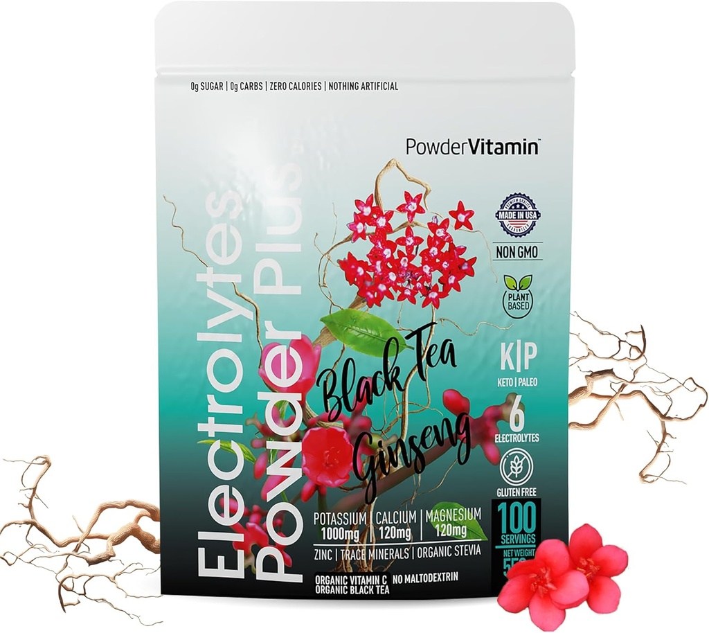 PowderVitamin Electrolytes Powder Plus (100 adag) Black Tea Ginseng Electrolyte Powder Keto, Sugar Free, Pink Himalayan Salt, 1000mg Kálium, 150mg kalcium, 150mg magnézium, hidratációs por