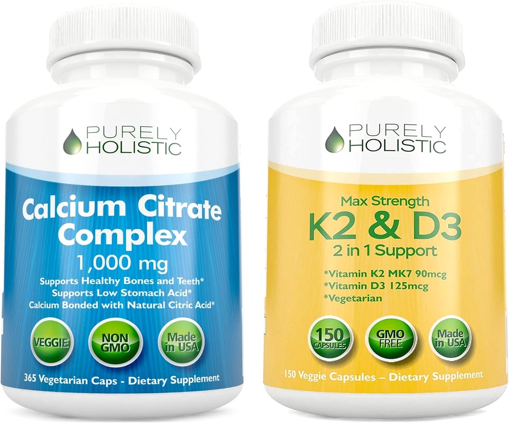 Purely Holistic Calcium Citrate Complex 1000 מ"ג + ויטמין D3 125mcg K2 MK7 90mcg - 365 קפסולות טבעוניות + 150 קפסולות צמחוניות בונדלה - מיוצר בארה"ב