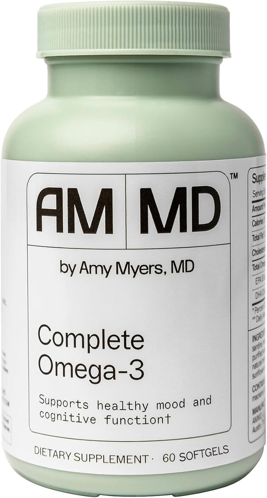 Amy Myers MD Complete Omega-3 Softgels - Suplemento de aceite de peixe para soporte do sistema cardiovascular e inmune - Non-GMO, Non-Dairy & Non-Soy - 60 Softgels (60 Servizos)