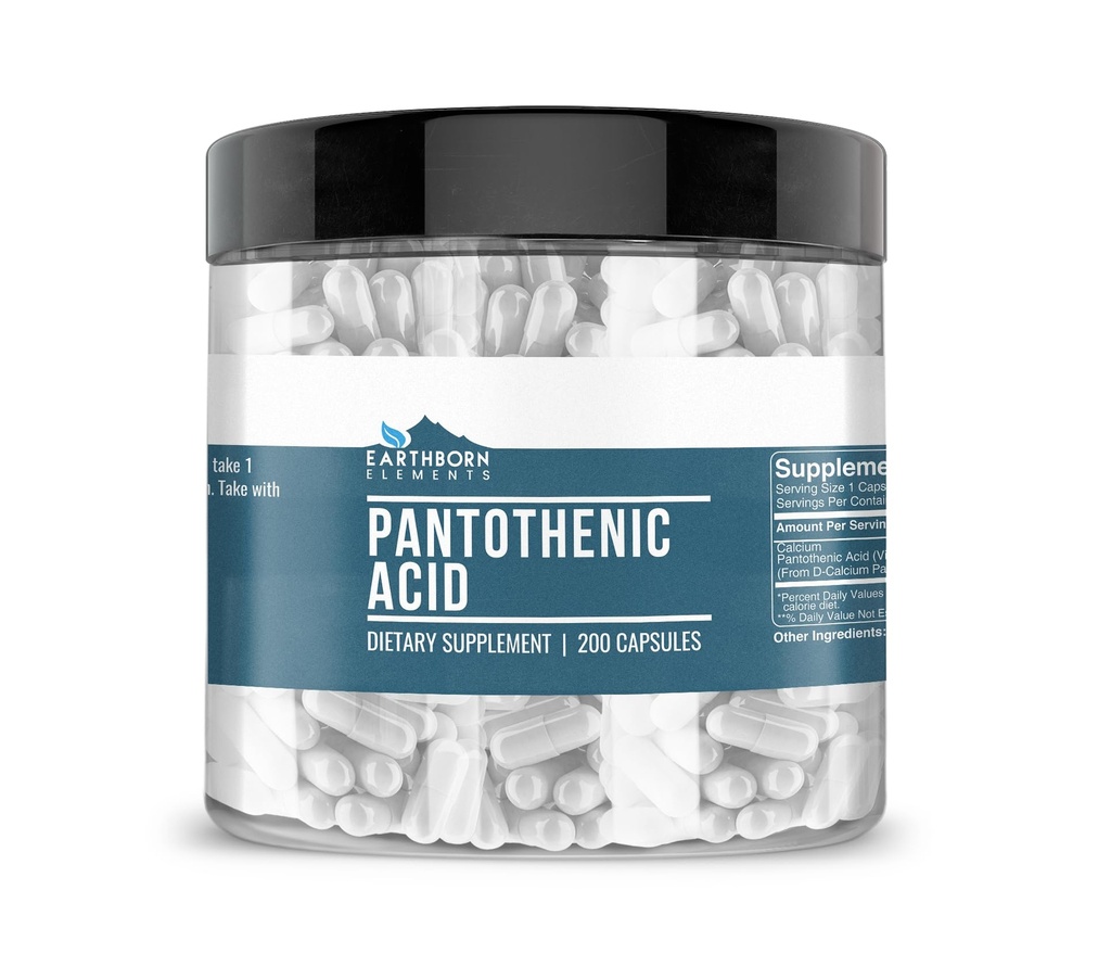 Earthborn Elements Pantothenic Acid 200 Capsules, Pure & Undiluted, No Additives