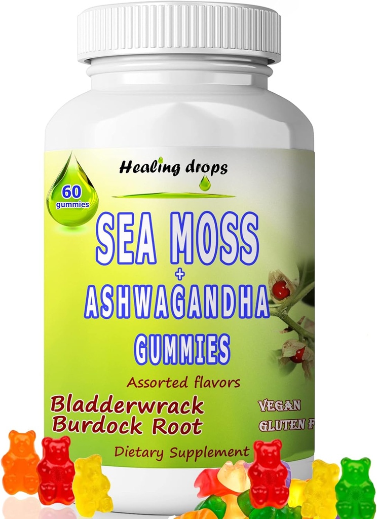 Sea Moss Gummies Ashwagandha met Bladderwrack Burdock Root, Alkaline Keto Vegan Non-GMO Diet, Dairy en Gluten Gratis door Healing Drops