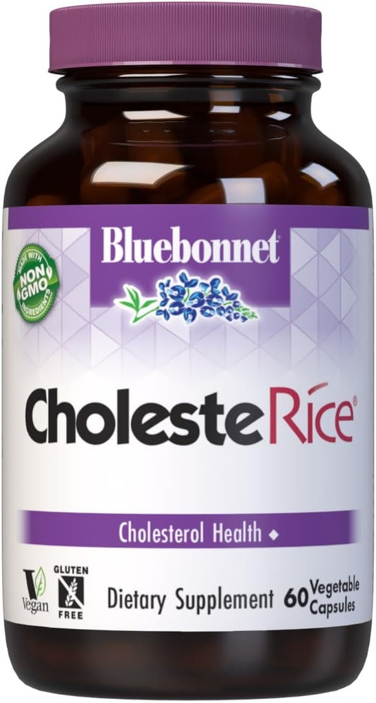 Bluebonnet 영양 CholesteRice 야채 캡슐, 빨간 효모 밥, 식물 스테롤, Pantethine, CoQ10, Policosanol, 채식주의자, 채식주의자, 비 GMO, 글루텐, 우유 무료, SOY-FREE, 60 야채 캡슐