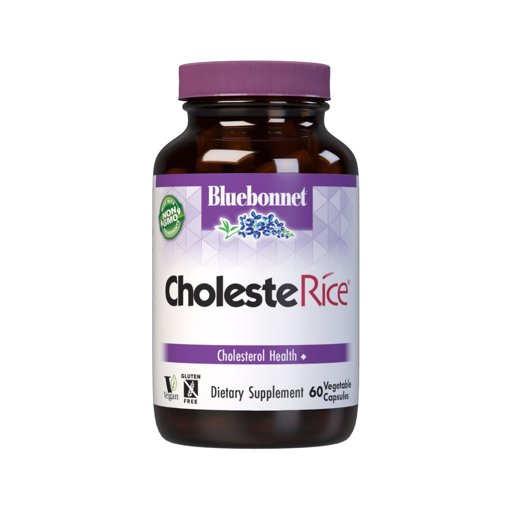 Bluebonnet Nutrition CholesteRice Vegetable Capsules, Red Yeast Rice, Plant Sterols, Pantethine, CoQ10, Policosanol, Vegan, Vegetarian, Non GMO, Gluten Free, Milk Free, SOY-FREE, 60 Vegetable Capsules