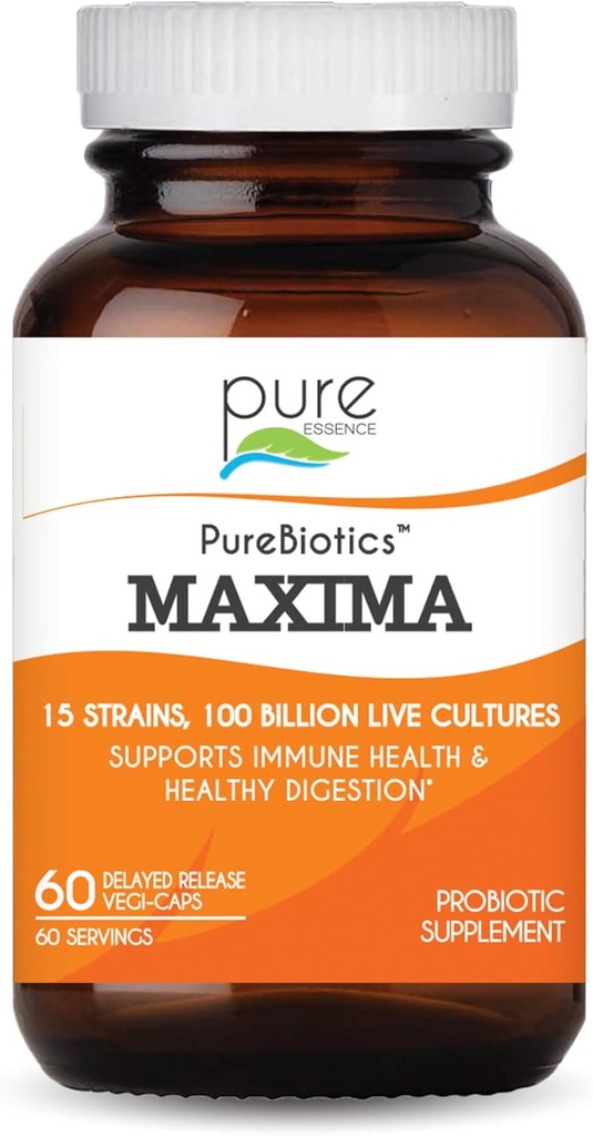 PURE ESSENCE LABS Maxima Probiotics 100 Billion CFU - Men & Women Probiotic Supplement for Better Digestion - 15 Strains for Immune Support and Digestive Health (60 Capsules)