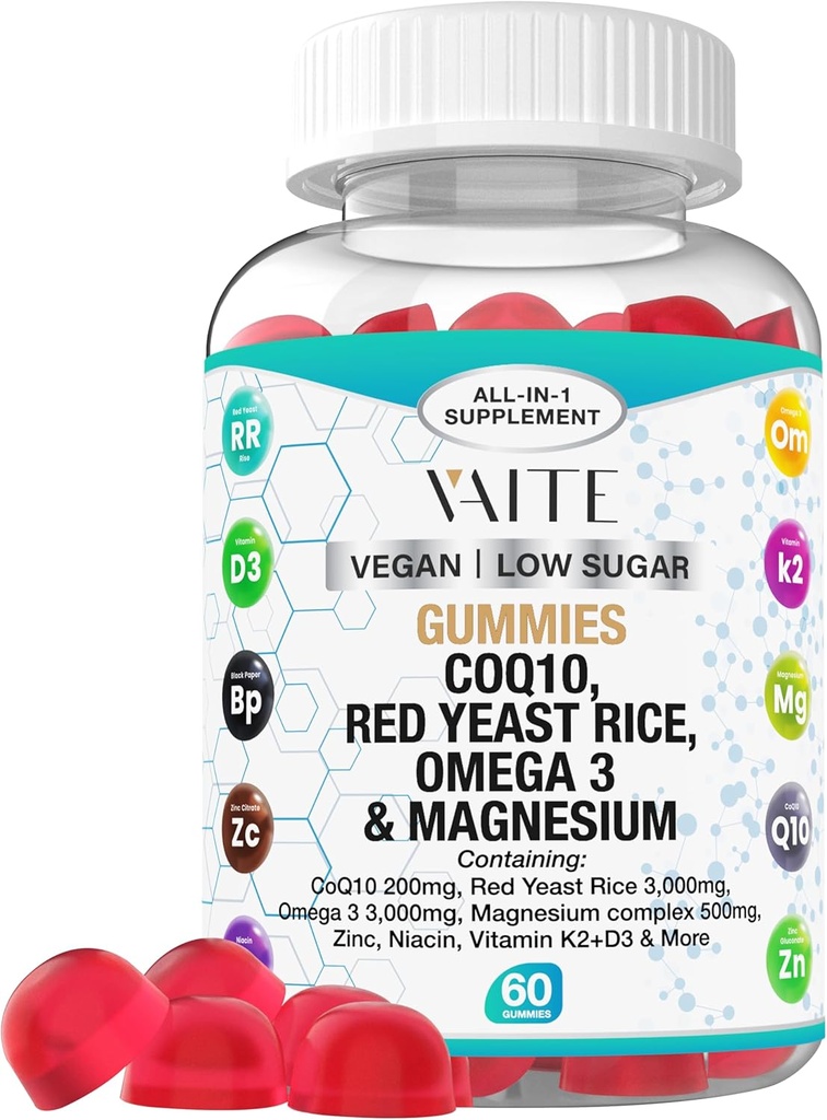 CoQ10 200mg Gummies con lievito rosso e glicinato di magnesio – Omega-3, zinco e vitamina K2+D3 per la salute generale – Integratori per adulti – 60 Gummie masticabili