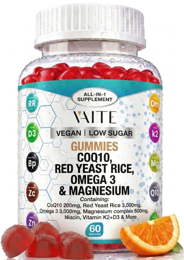 CoQ10 200mg Gummies with Red Yeast Rice & Magnesium Glycinate – Omega-3, Zinc, and Vitamin K2+D3 for Overall Health – Supplements for Adults – 60 Chewable Gummies