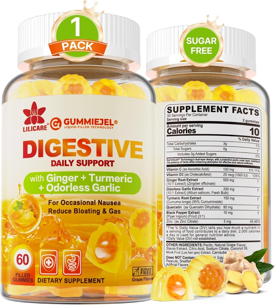 Ginger Mastiga chicletes para Náusea & Suporte Digestivo, Alivio estomacal - Açúcar grátis com alho alcaçuz & odorless, Quercetin, Vitamina D3, C, Delicious Digestive Supplements, 60Cts (Pacote de 1)