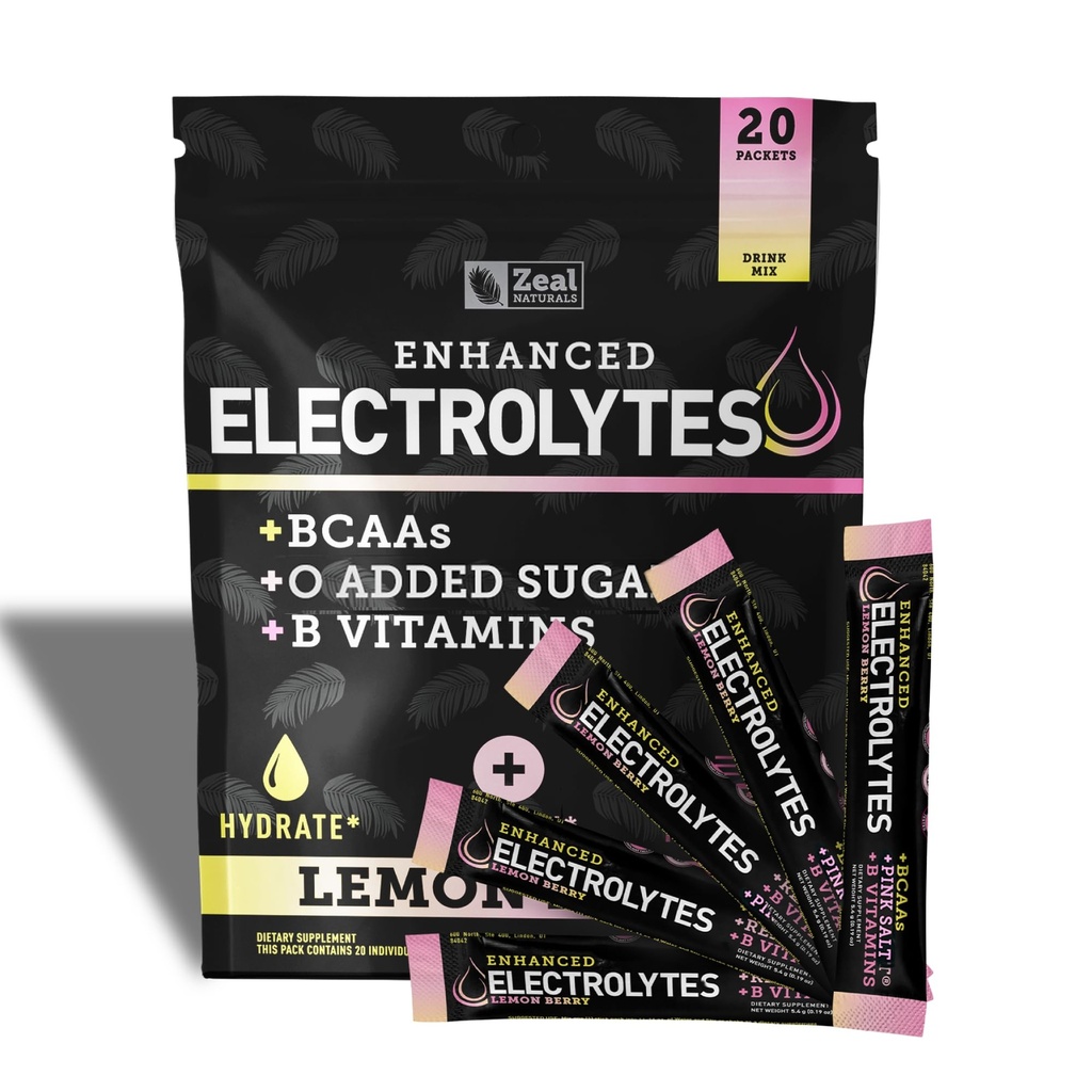 Enhanced Electrolyte Powder Stick Packs (Lemon Berry | 20 Packets) w/ 0 Sugar +BCAAs +B-Vitamins Electrolyte Supplement w Potassium Zinc & Magnesium for Hydration - Keto Electrolytes
