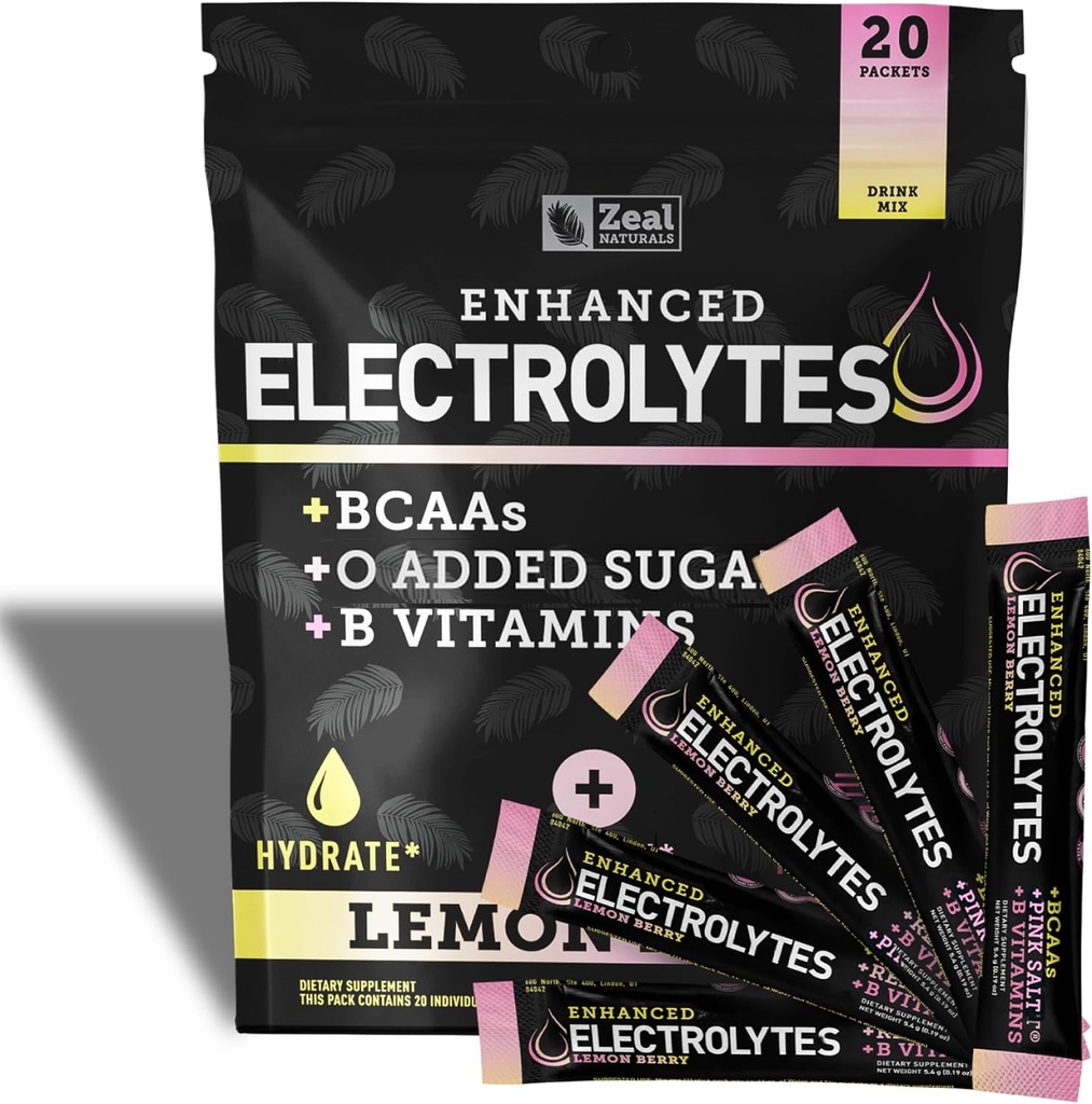 Enhanced Electrolyte Powder Stick Packs (Sitruunamarja 20 pakkausta) w/ 0 Sugar + BCAAs + B- vitamiinit Elektrolyytti Supplement w Kaliumsinkki & Magnesium for Hydration - Keto Electrolytes