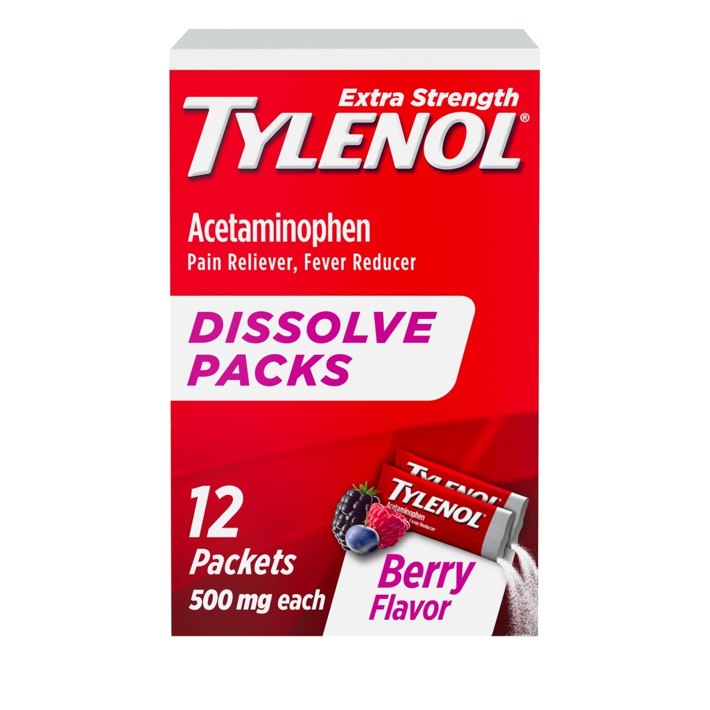 Tylenol Extra Strength Dissolve Packs, 500 mg Acetaminophen Pain Reliever & Fever Reducer, On-the-Go Powder Packets for Minor Aches & Pains, Ibuprofen- & Aspirin-Free, Berry Flavor, 12 ct