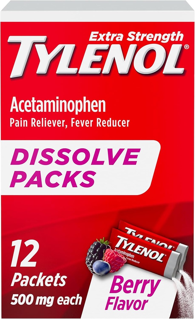 Tylenol Extra Strength Solution Packs, 500 mg Acetaminophen Pain Reliever & Fever Reduceer, On- The- Go Packets Packets for Minor Aches & Pains, Ibuprofen- & Aspirin- Free, Berry Flavor, 12 ct