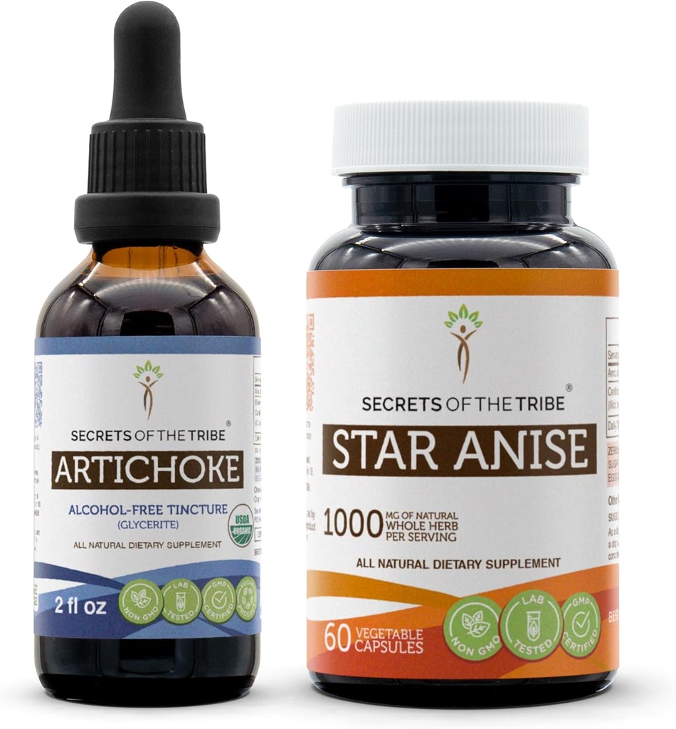 Artichoke USDA Organic and Star Anise Capsules (2 pcs.) | Alcohol-Free Organic Artichoke (Cynara scolymus) Dried Leaf 2 oz och 1000 mg Star Anise (Illicium verum) Torkad frö (60 kapslar)