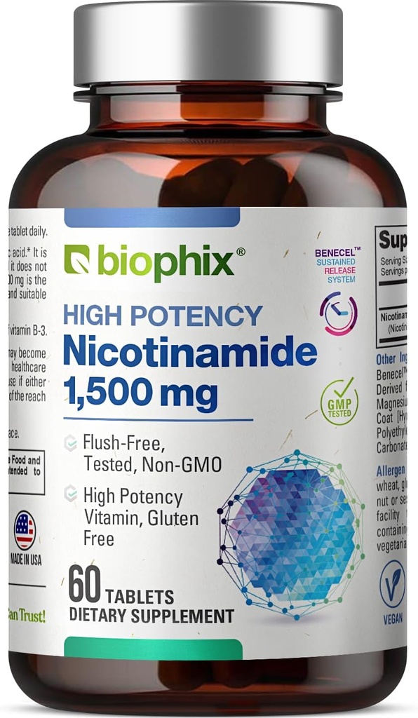 Sinh vậtphix B-3 Nicotinamide 1500 mg 60 bảng mạnh nhất - Nicotinic Aide Niacin Flush- freecith - Hỗ trợ sức khỏe tế bào da
