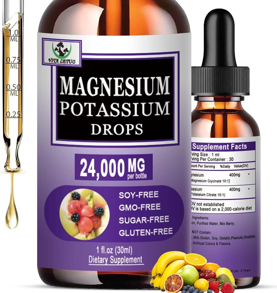 Magnesium Glycinate met Kaliumsupplement,Liquid Magnesium Glycinate 500mg Kalium citraat 500mg, Magnesium Liquid Drops voor Vasculaire, Bot, Hart, Spier & Zenuw Gezondheid,Non-GMO,Vegan