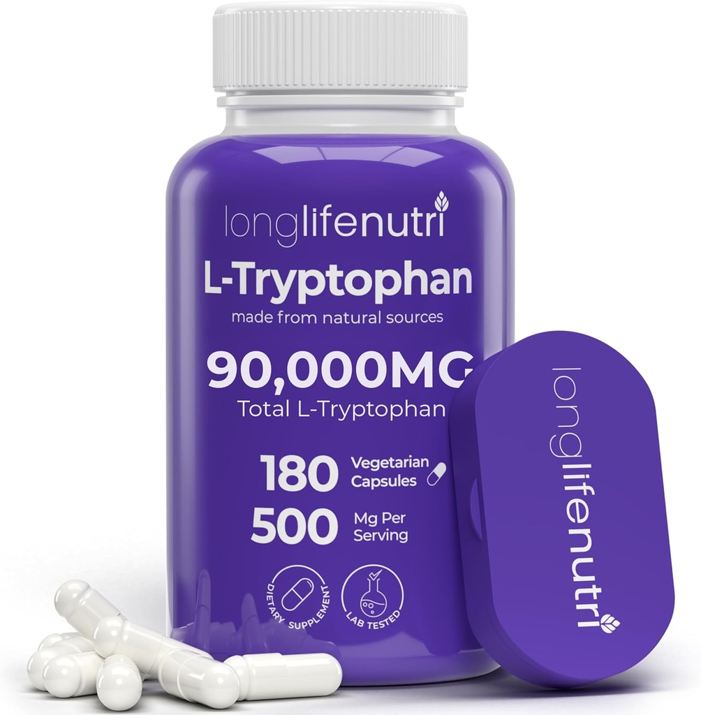 L-Tryptophan 500 מ"ג - 180 קפסולות צמחוניות, 6-Month אספקה, עבור Sleep Aid ו- Mood Stability, Lab Tested, Made in USA, Non-GMO
