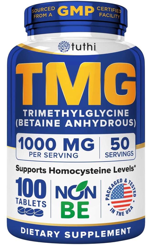 Tuthi TMG Supplement – 1000mg Trimethylglycine – Betaine Amino Acid for Cardiovascular Support and Healthy Homocysteine Levels – 100 Vegan Tablets – Gluten-Free, Non-GMO – Made in USA