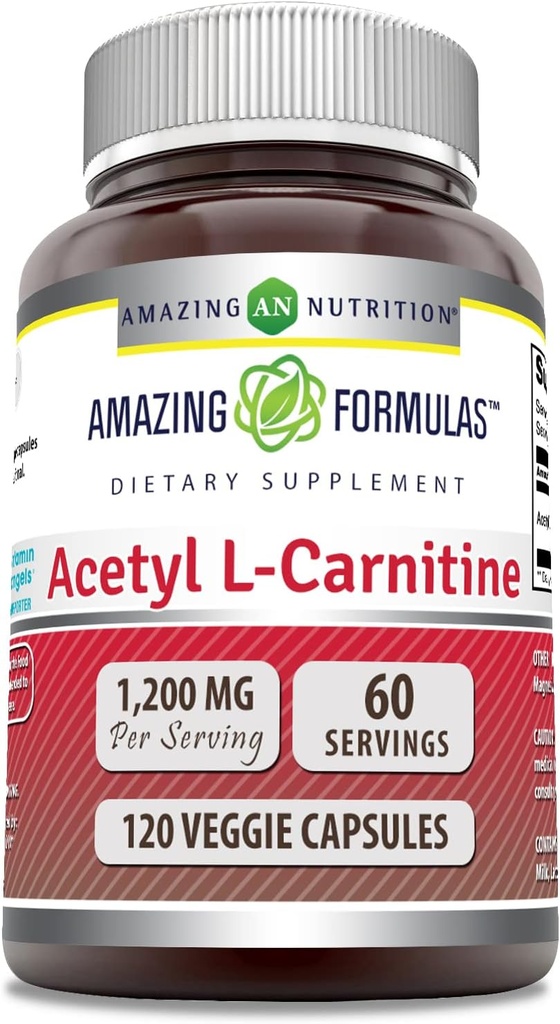 Incrible Fórmulas Acetil L-Carnitina Suplemento | 1200 Mg | 120 cápsulas Veggie | Non-GMO | Gluten Free | Made in USA