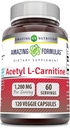Formules étonnantes Supplément acétyle L-Carnitine $ 1200 Mg $ 120 Capsules Veggie $ Non-GMO $ Sans gluten $ Fabriqué aux États-Unis