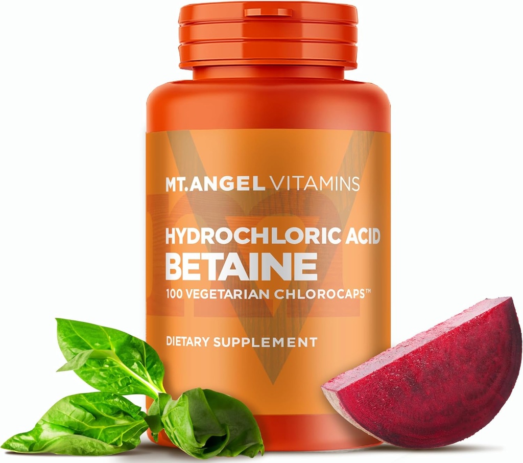 Mt Angel Vitamins - Hydrochloric Acid Betaine, stöder hälsosam matsmältning och gastric juice (100 vegetariska Chlorocaps)