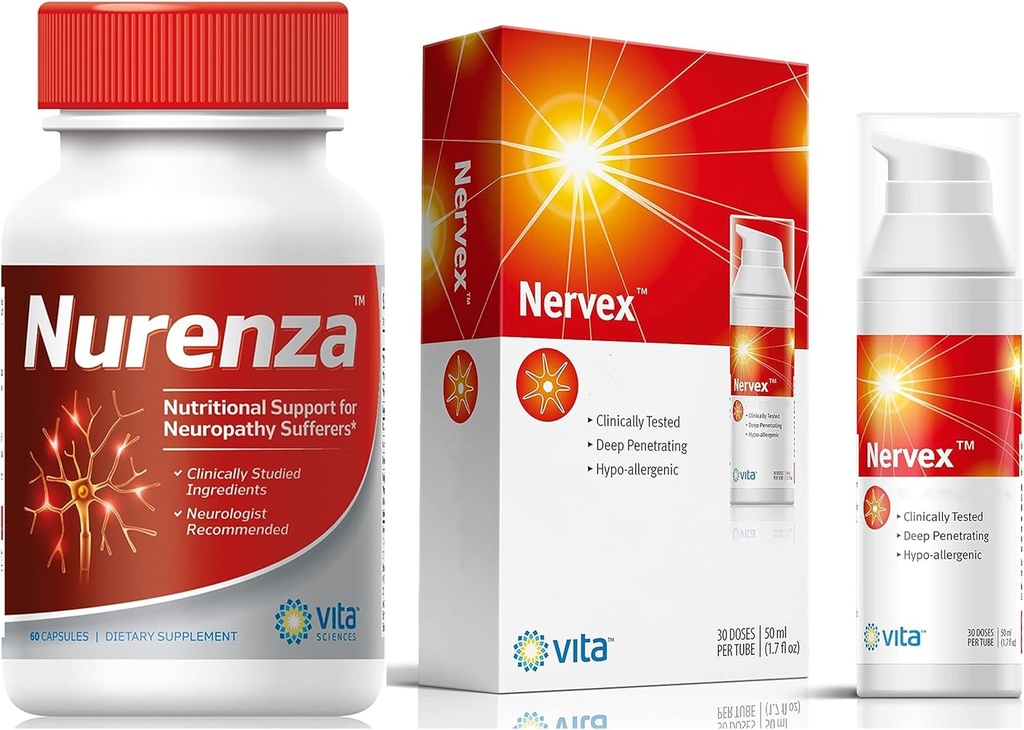 Vita Sciences Complete Neuropathy Relief Bundle: Nurenza Supplement 40x Stronger R-ALA Formula ו- Nervex Neuropathy Cream with Capsaicin - Your Path to Nerve Rejuvenation
