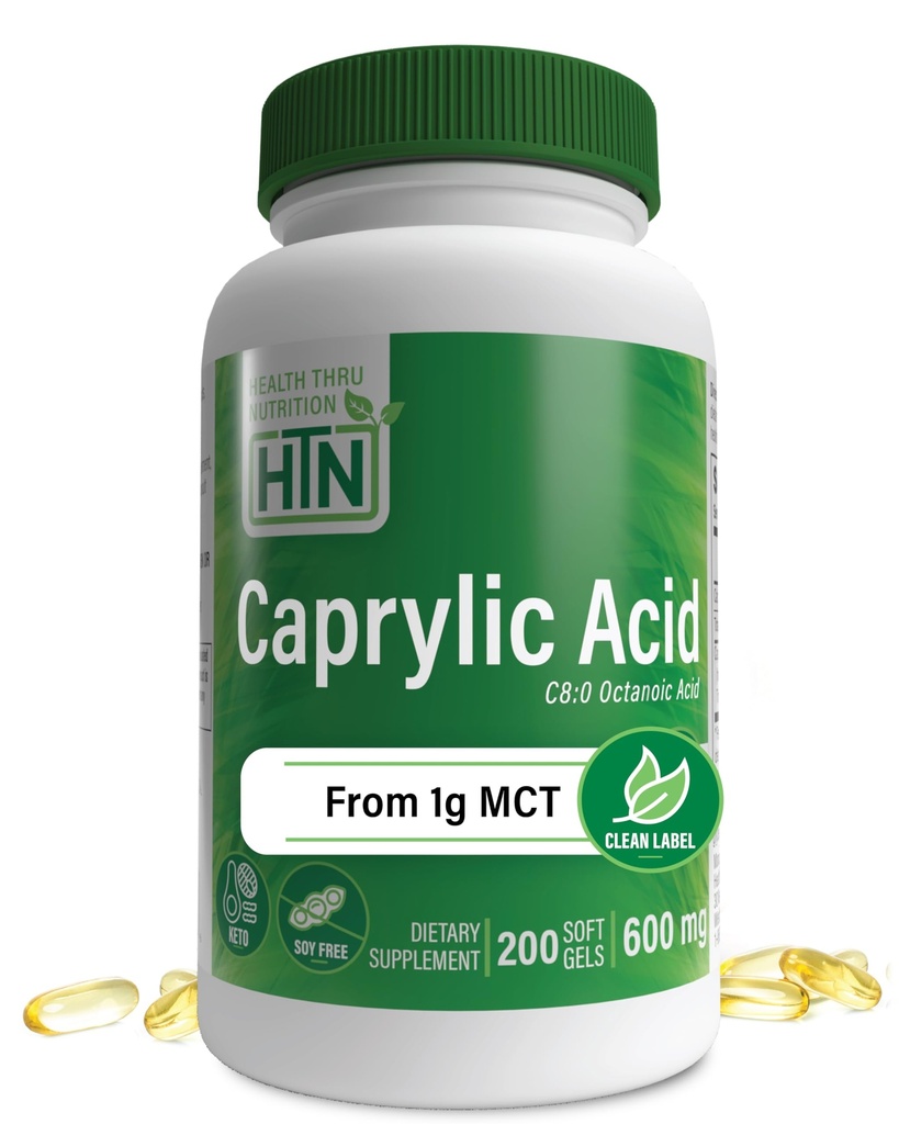 Health Thru Nutrition Caprylic Acid 600mg 200 Softgels | C8 Octanoic Acid from Pure 1g MCT Oil | Non-GMO & Soy Free | Support Healthy Digestive and Intestinal Health | Keto Friendly | C8 Octanoic Acid Non-GMO & Soy Free | Support Gut, GI Balance, Healthy Digestive, Intestinal, and Gastrointestinal Health