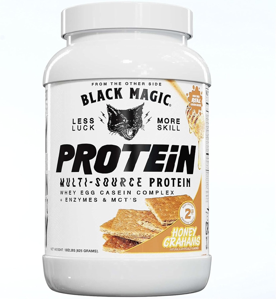 Black Magic Multi- Source Whey Protein Powder - Whey, Egg, Casein Complex Enzimes & MCT 's Keto, alacsony cukor pre / post edzés Honey Graham Crackers Flavor 24g 2 LB, csomag 1