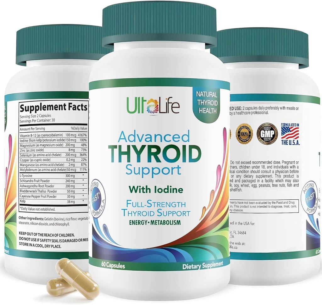 Boost diária de tiroide Fórmula avançada com Iodine Ashwagandha Vitamina B12 Zinco e Selênio para Metabolismo Energético e Foco 60 Cápsulas