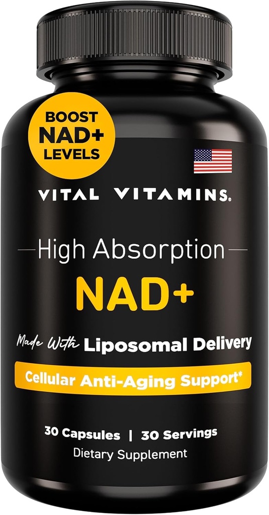 Vitamine vitali NAD Supplemento - NAD+ (Nicotinamide Adenine Dinucleotide) per Uomini e Donne - Realizzato con Consegna Liposomica - Supporto Cellulare Antiinvecchiamento, Energia, Focus - Alimentazione 30-Giorni