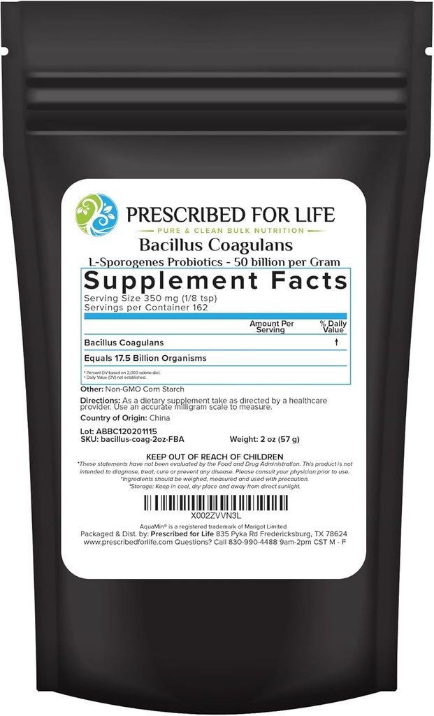 Prescrito para a vida Bacillus Coagulans Powder, Lactobacillus Supplement for Gut Health Support, Temperature and Shelf Stable Probióticos, L. Sporogenes (50 bilhões/Gram) (2 onças / 56g)