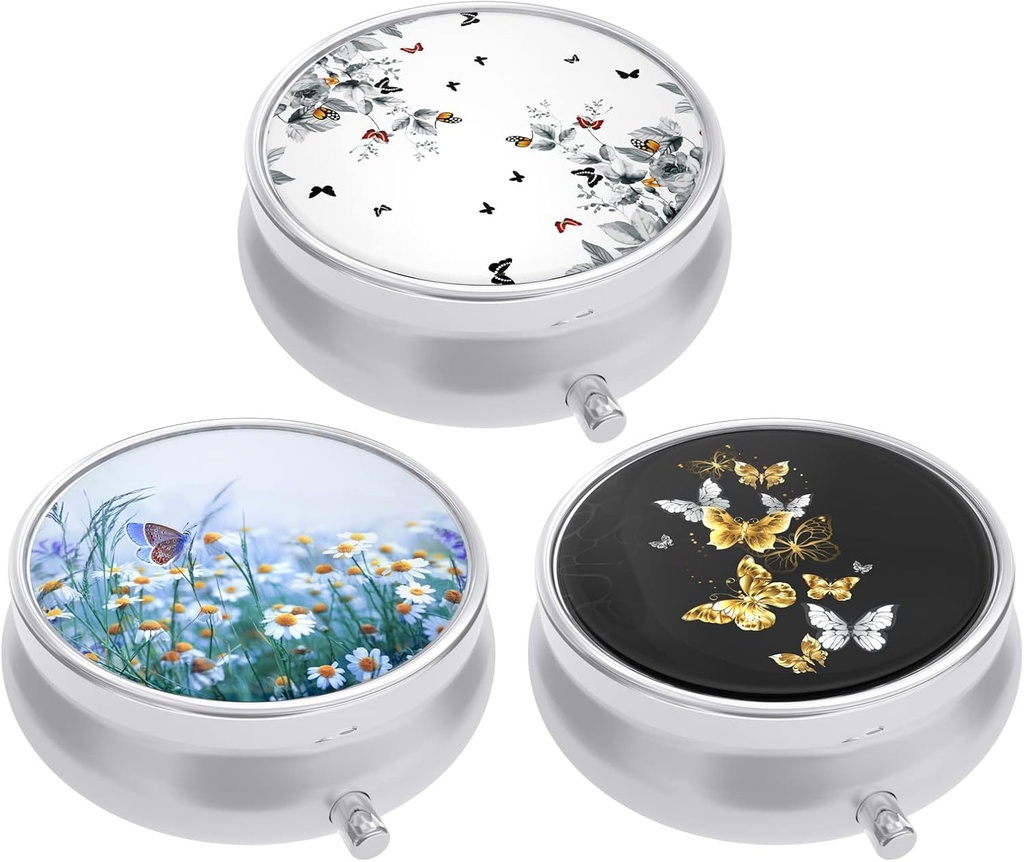 3 Pack Pill Box, Small Pill Case for Purse & Pocket, Cute Travel Medicine Organizatorius, Nešiojamasis Medicinos Konteineris Hold Vitaminai, Vaistika, Žuvies aliejus ir papildai, Drugelis