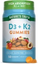Gamtos tiesa Vitaminas D3 + K2 Gummies ® 124; 50 Gummies ® 124; Persikų Mango kvapioji medžiaga ® 124; Vegetaras, Non- GMO & Gluten Free Addition