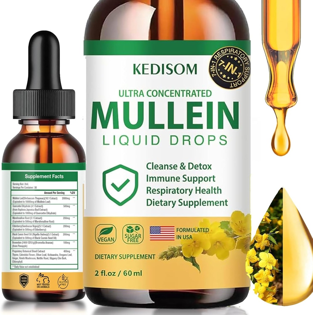 7 em 1 gotas de mullein para pulmões 2 Fl Oz - Suplemento de extrato de folha de mullein orgânica - Lung & Bronchial Cleanse para fumantes - Apoio à saúde respiratória