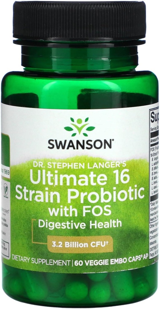 Swanson Dr. Stephen Langer's Formula - Natural Probiotic w/Prebiotic FOS - 16-Strain Supplement Promoting Digestive Support w/ 3.2 Billion CFU per Capsule - (60 Veggie Capsules)