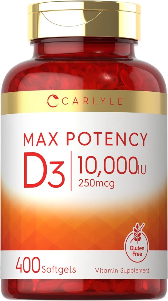 Carlyle Vitamina D 10000 IU 400 Softgels | Tamaño de valor | Potencia Max | Non-GMO, suplementos gratuítos de glute