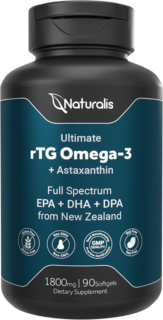 Naturalis Ultimate rTG Omega 3 Fischöl 1800mg aus Wild Neuseeland Tuna - Full Spectrum Omega3s EPA, DHA & DPA - Sustainable Sourced, Non-GMO, Gluten Free - 90 Softgels