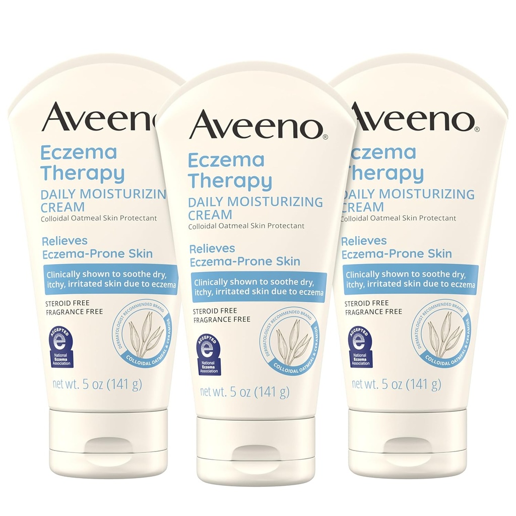 Aveeno Eczema Therapy Daily Moisturizing Body Cream for Sensitive Skin, Soothing Eczema Relief Cream, Colloidal Oatmeal & Ceramide for Dry & Itchy Skin, Steroid- & Fragrance-Free, 5 oz, Pack of 3