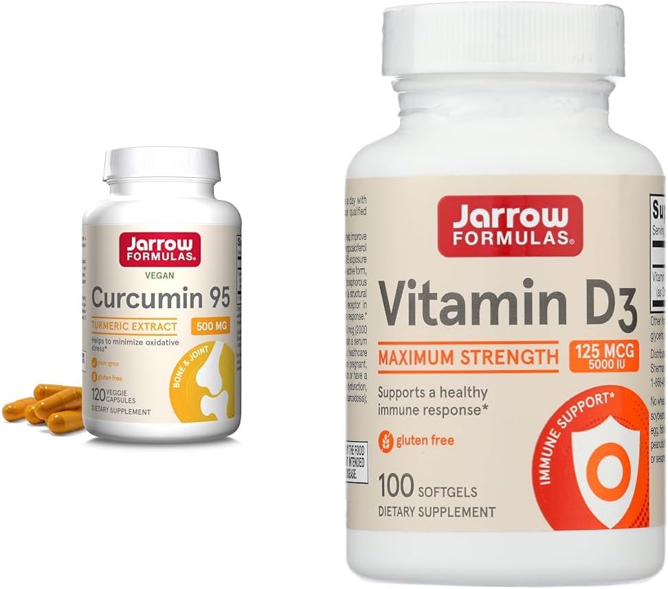 Jarrow Formulas Curcumin 95 500mg - Ata 120 porcións (Veggie Caps) e vitamina D3 125 mcg (5000 IU) - 100 porcións (Softgels)