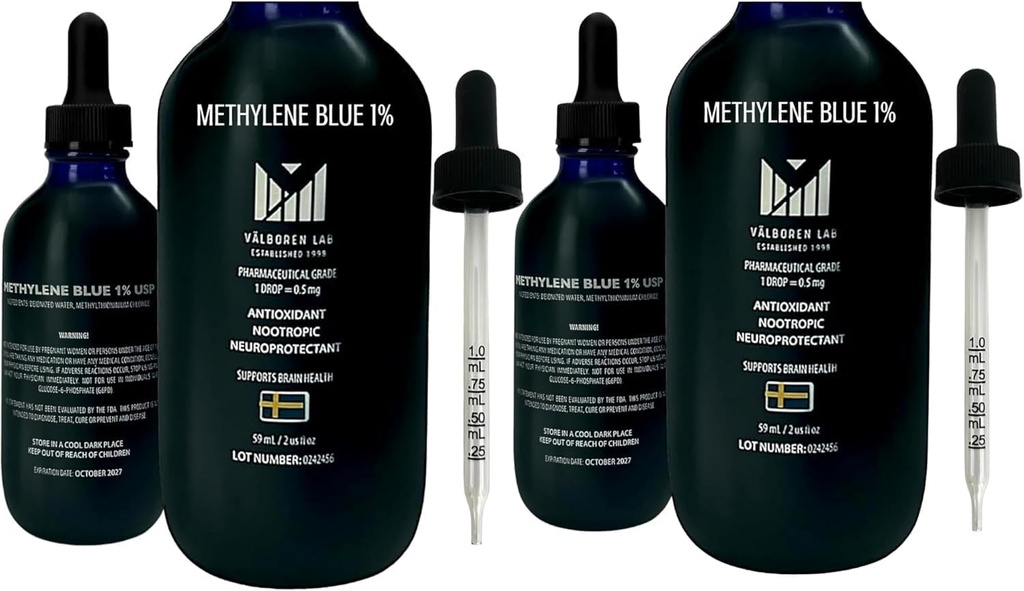 Methylene Blue Pharmaceutical Grade Bundle - 2 oz & 4 oz Bottles - USP Grade - Made in USA - Third-Party Tested, Formaldehyde & Alcohol-Free - Brain Health Supplement - Methylene 1% Drops for Humans