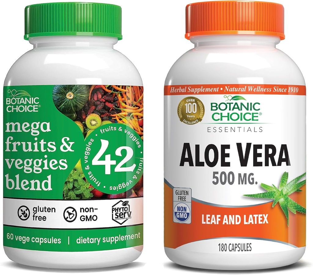 Botanic Choice Mega Fruits and Veggies Mix (60 Capsules) + Aloe Vera (180 Capsules) Sche - Enerji Denge & Superfood Supplement + Digestive Health Support & Superfood Supplement + Digestive Health Support